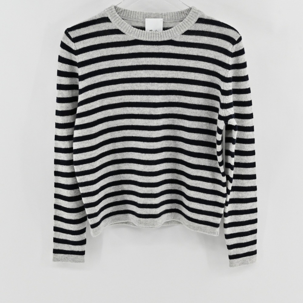 Allude‎ Cashmere Sweater Womens Size S Grey Navy Striped Crewneck Wool Luxury